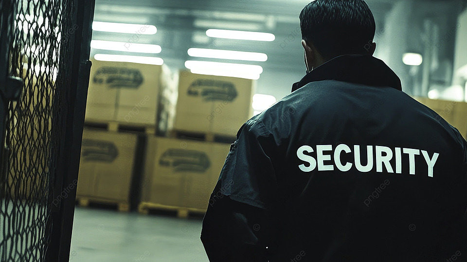 pngtree a security guard stands in front of warehouse image 16990283